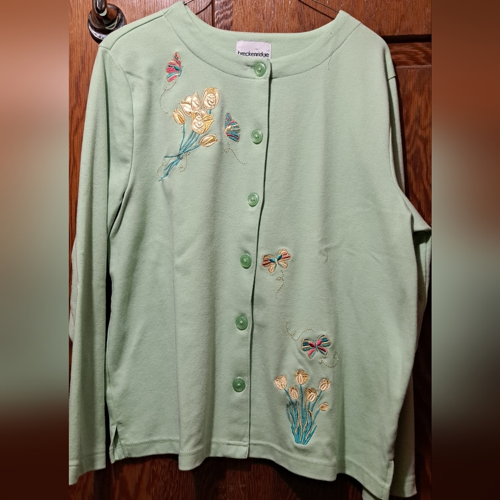 Breckenridge Embroidered Green  Cardigan with Floral and Butterfly Design